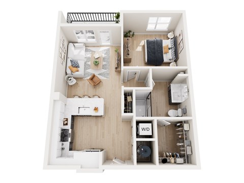 Floor plan for 1 bed, 1 bath, 733 sqft